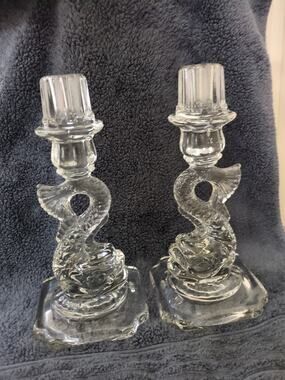 Cambridge #50 Dolphin Koi Candlesticks With Extended Sockets Gorgeous Glass!